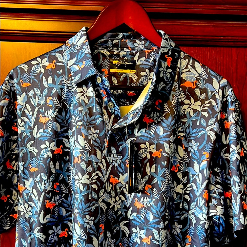 New Jack Nicklaus Sun Protection UPF Floral design Blue &Coral Stretch Golf Polo